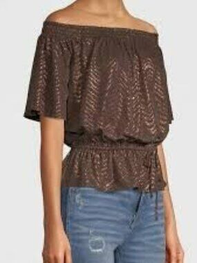 NWT WHBM Brown Jersey Knit Off the Shoulder Top Small